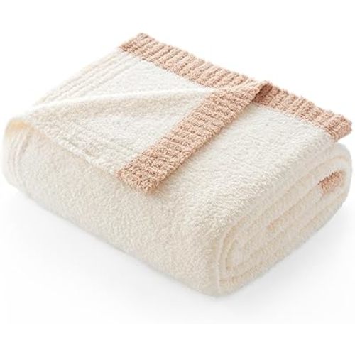Snuggle Sac Ultra Soft Throw Blanket for Couch Bed Sofa 50x60 inches, Reversible Cream Blanket Microfiber Fluffy Fuzzy Cozy Knit Throws for Women Mothers Birthday Gifts