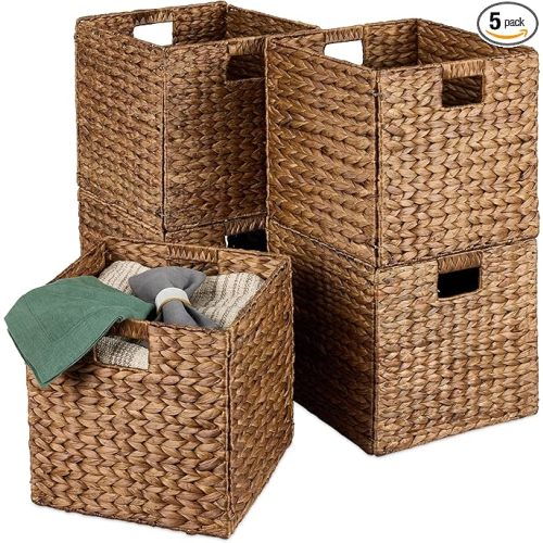 Best Choice Products 10.5x10.5in Pack of 5 Cube Storage Baskets, Water Hyacinth Multipurpose Collapsible Organizers, Handwoven Laundry Totes for Laundry, Living Room, Kids Room & Nursery - Chestnut
