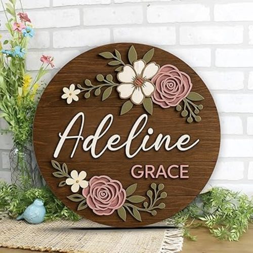 Personalized Floral Wooden Name Sign – Newborn Keepsake Wood Plaque with Flowers and Leaves, Custom Nursery Wall Decor, Baby Girl Room Door or Bedroom Decoration