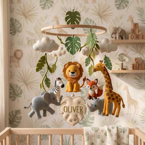 Personalized Safari Baby Mobile, Custom Jungle Nursery Decor, Felt Animal Crib Mobile, Lion Elephant Giraffe, Newborn Baby Shower Gift