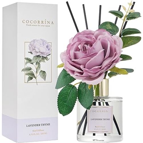 Cocorrína Flower Reed Diffuser - Lavender Thyme 6.7oz Scented Diffuser with Sticks Home Fragrance Essential Oil for Bathroom Shelf Decor (Artificial Flower)