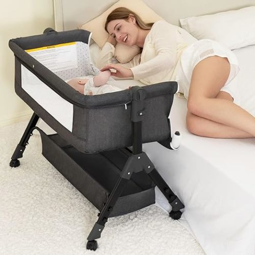 BCOL 3 in 1 Baby Bassinet Bedside Sleeper, Bedside Crib for Baby, Adjustable Baby Bassinet with Wheels, Storage Basket, Mattress, Easy Assemble & Folding Portable Baby Cradle (Grey)
