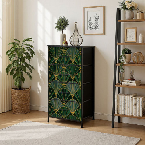 Rosdorf Park 4 Drawer Vertical Storage Dresser golden elements deep green Fabric print Art deco style with Wood Top Fabric Pull Drawers | Wayfair