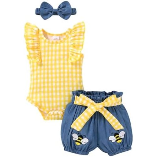 Baby Girl Clothes Infant Summer Outfits Set Ruffle Sleeve Romper and Floral Shorts with Headband