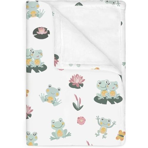 Cute Frogs Family Baby Blankets for Boy Girl Green Frogs Butterflies Lilies Pond Soft Flannel Receiving Swaddle Blankets for Infant Toddler Crib Wildlife Nature Nursery Bed Blanket 40x50inch
