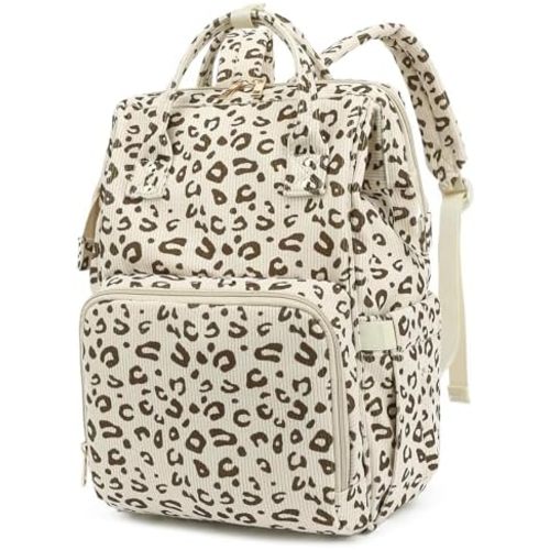 Corduroy Diaper Bag Backpack for Baby Girls Boys, Women Large Nappy Bags for Mom (Beige Corduroy Leopard)