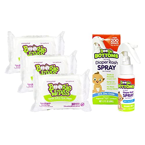Baby Wipes Unscented & Diaper Rash Cream Spray by Boogie Wipes, 3 Packs of 30 (90 Total Wipes), 1.7 oz (1 Diaper Rash Spray)…