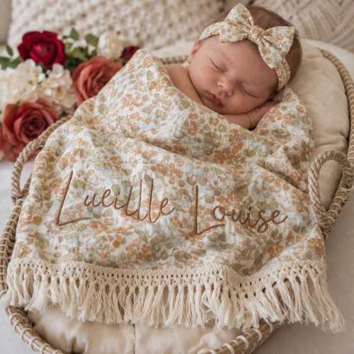 Personalized Muslin Baby Blanket, Vintage Floral Blanket, Embroidered Name Keepsake