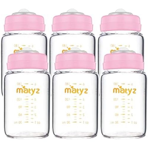 Matyz Glass Breastmilk Storage Containers, 6 Pack, 6 oz Bottle, Compatible with Spectra Medela Philips Pump - Freezer Safe Storage Bottles Set - Leakproof Glass Baby Bottles - No BPA (Pink Lids)