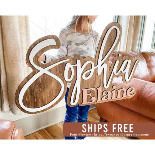 Large wood name sign, nursery name sign, boho nursery sign , above crib cut out, layered baby name sign, double baby name sign, cut out sign