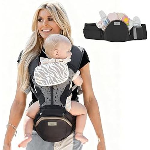 MOMTORY StowNGO Pro Baby Carrier, Safety-Certified 6-in-1 Ultra Storage Baby Carrier Newborn to Toddler, Front & Back Baby Holder Carrier with Hip Seat, Pure Black