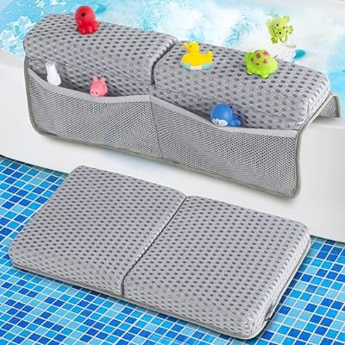 Baby Bath Kneeler and Elbow Rest Pad Set, 1.5'' Thick Quickly Dry bathtub Kneeler Pad with Baby Toys & Bath Accessories Organizer, Bath Tub Kneeling mat and Elbow Pad for Bathing Time(Light Grey)