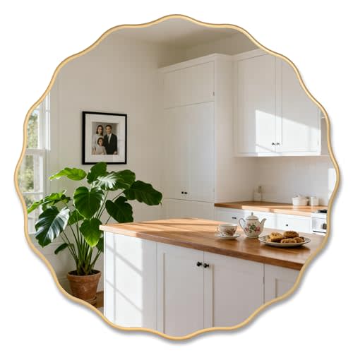 26" Wavy Mirror Scalloped Farmhous Modern Wood Farme Mirror Wall Decor for Bathroom Entryway Living Room Bedroom Hallway