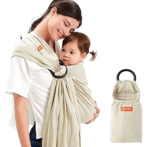 Mamaway Baby Ring Sling Carrier - Newborn and Toddler Sling (Supports up to 154lbs), IHDI Certified, Rayon & Linen Made, Soft & Breathable, Nylon 66 Safety Rings, Storage Pocket Design, Khaki