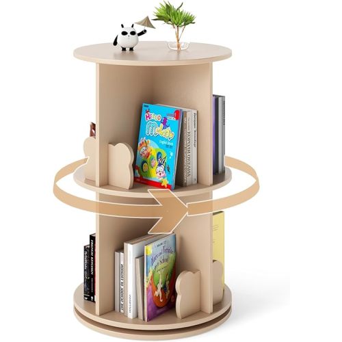 Costzon Kids Rotating Bookshelf, 2 Tier Small Book Shelf with Bookends, 360° Display Spinning Bookshelf Tower, Corner Bookshelf for Small Space, Kids Room, Bedroom, Nursery (Coffee)