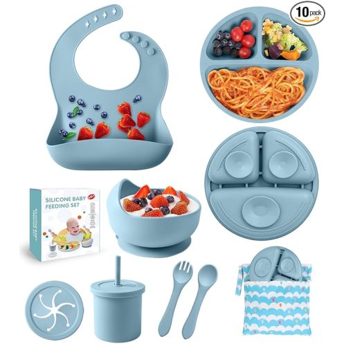 Silicone Baby Feeding Set, 10 Pcs Baby Led Weaning Supplies Baby Eating Essentials Set with Suction Bowl Divided Plate Adjustable Bib Soft Spoon Fork Cup with Lid Drinking Cup, Travel Bag (Blue)