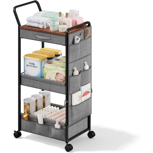 BBLIKE 3-Tier Diaper Caddy Organizer - Rolling Utility Baby Cart with Drawer and Side Pockets for Nursery and Baby Essentials, Multi-Function Cart for Bedroom and Bathroom, Gray