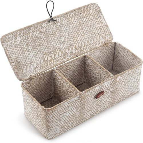 Seagrass Storage Basket with Lid Rectangular Small Woven Shelf Baskets with Sections for Organize Snack Toys Whitewash