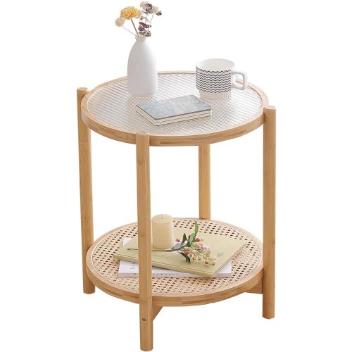 Tiita Rattan Nightstand Side Table, Bamboo Accent Bedside Tables, Glass Coffee Tables, Boho Wooden End Table with Storage for Small Space, Living Room and Bedroom