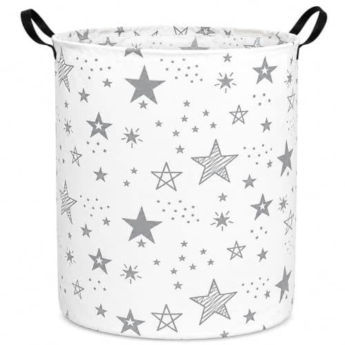 Collapsible Kids Laundry Basket Clothes Hamper, Foldable Storage Organizer Bin, Toy Clothes Storage with Handles for Boys Girls Bedroom, Room Decor Grey Star