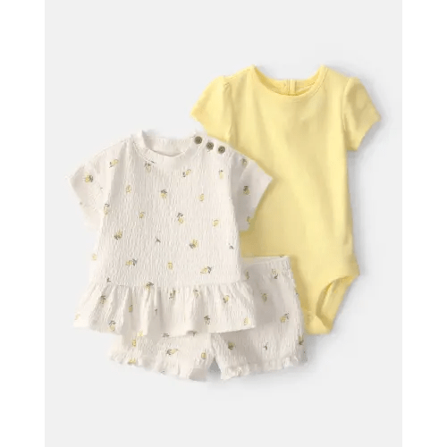 Baby Girl 3-Piece Lemon Top, Bodysuit & Short Set - Yellow/Ivory | Carter's