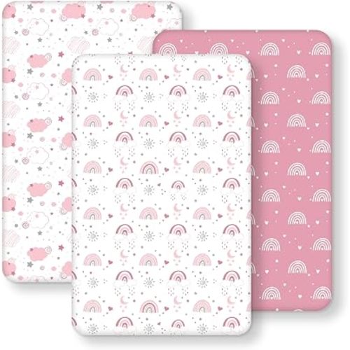 Baby Bassinet Sheets 33"x20", Bedside Sleeper Bassinet Fitted Sheets Compatible with Dream On Me, Baby Delight and Most Rectangle Bassinet Mattress, Soft Microfiber 3 Pack Pack Pink Rainbow