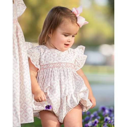 Pink Scalloped Flowers Smocked Bubble