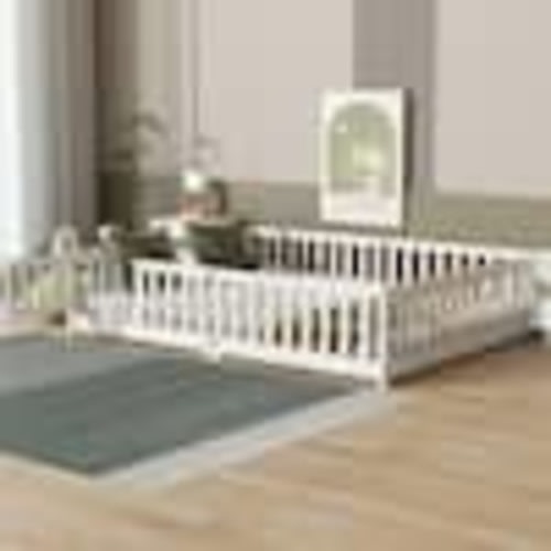 Nestfair White Wood Frame Queen Size Platform Bed with Safety Guardrails and Door PB504P2387