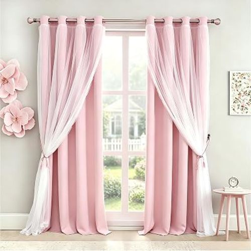 Pink Blackout Curtains with Lace Hems Sheer Overlay, 2 Panels, Thermal Insulated & Soundproof, Room Darkening, Living Room, Bedroom - Modern Elegant Romanntic Pink Drapes, 52x84 Inches