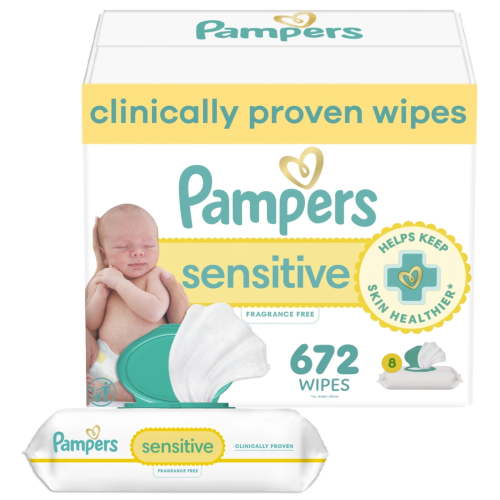 Pampers Sensitive Baby Wipes, 8-Pack, 672 Count, Dermatologist Approved, Hypoallergenic, Alcohol and Fragrance Free