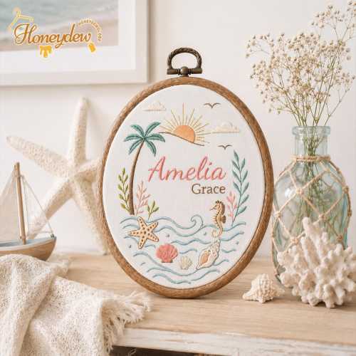 Personalized Coastal Mermaid Baby Embroidery Hoop, Ocean Nursery Sign, Coastal Nursery Decor, Under The Sea Sign, Sea Animal Nursery Decor