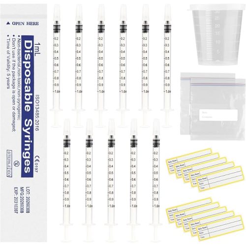 20 Sets 1ml Colostrum Syringes with Caps No Needle Colostrum Collector Kit Include 20pcs 1ml Sterile Syringes, 20 Labels, 2 Storage Bags and 1 Measuring Cup