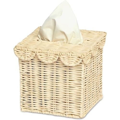 BEBE BASK Handwoven Scalloped Square Tissue Box Cover (4.5 × 4.5 × 5.3 in) – Rattan Tissue Box Cover Square – Elegant Home Accent - Natural