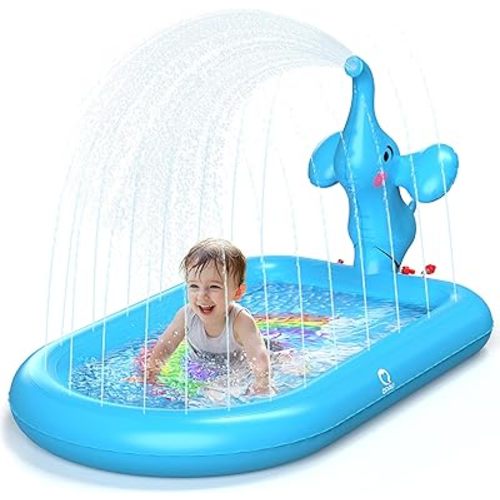 QPAU Splash Pads for Toddlers 1-3, Blue Elephant Toy Splash Pad for Kids, Outdoor Play Mat for Babies, Inflatable Sprinkler Pool for Birthday Girl Gifts 1 Year Old Girl