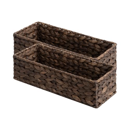 StorageWorks Small Toilet Paper Basket, Bathroom Basket Organizer, Brown | Water Hyacinth Wicker Baskets for Bathroom Decor, Back of Toilet Baskets, Small Narrow Tank Trays for Tank Topper, 2 Pack