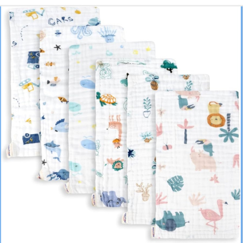 Maliton Muslin Baby Burp Cloths 6 Pack Large 20''x10'' 100% Cotton Burp Rags Absorbent and Soft 6 Layers Muslin Cloth Baby Essentials for Newborn(Animals and Cars, Pack of 6)