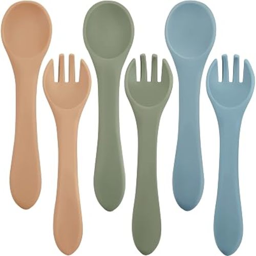 Nuenen 6 Pcs Baby Silicone Forks and Spoons Self Feeding,Nature Color