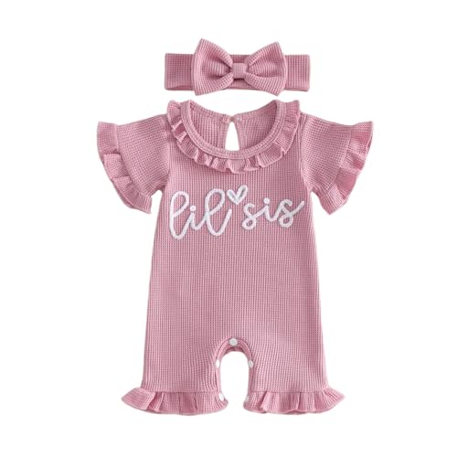 allshope Newborn Baby Girl Summer Outfit Romper Little Sister Lil Sis Embroidery Ruffle Collar Jumpsuit Infant Waffle Clothes