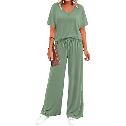 BTFBM 2 Piece Sets for Women Summer V Neck Short Sleeve Lounge Set Wide Leg Pants Matching Set Airport Travel Outfits