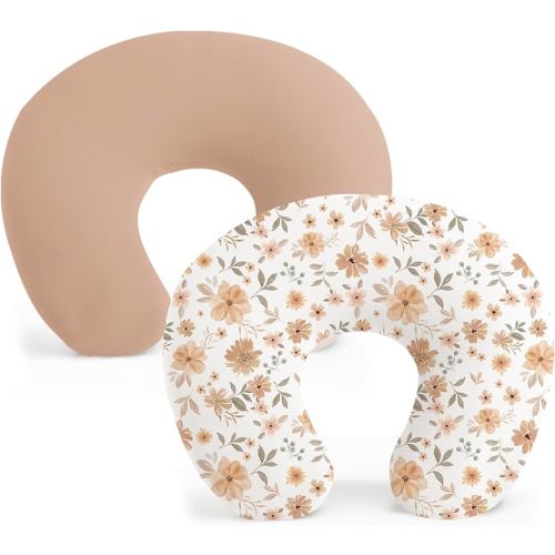 Konssy 2 Pack Nursing Pillow Covers, Stretchy and Soft Nursing Cover for Breastfeeding Pillows, Pillow Slipcover for Baby Girls Boys Newborn (Beige,Watercolour-Flower)