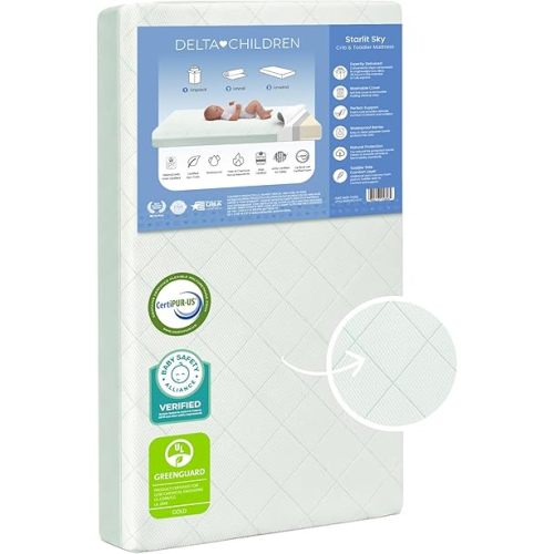 Delta Children Starlit Sky 2-Stage Crib and Toddler Mattress for Infants & Toddlers - Removable Machine Washable Mattress Cover - Waterproof - GREENGUARD Gold - Made in USA, Green