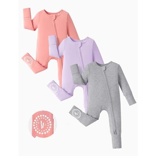 PATPAT Baby Footies Boys Girls - Bamboo Viscose - Zipper & Non-Slip Soles Romper Mitten - Footed & Footless Infant Clothes