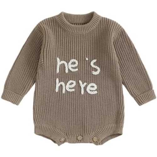 Newborn Boy Clothes He's Here Embroidered Baby Romper Oversized Long Sleeve Bodysuit Birth Announcement Outfit