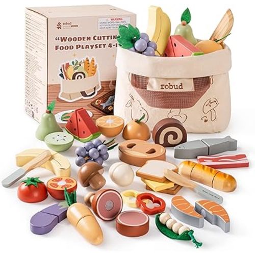 ROBUD Wooden Toy Food Set, Cutting Toy Food for Pretend Play Kitchen Accessories Toyfood Playset with Storage Bag, Toys Gifts for 3+ Year Old Girls Boys