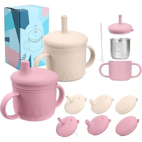2PCS Stainless Steel Sippy Cups for Toddlers1-3, Baby Straw Cups for 6+Month Old with Travel Lid, Silicone Straw, Replacement Straw & Cleaning Brush-8oz Toddler Cups Spill Proof Set Pink+Rice White