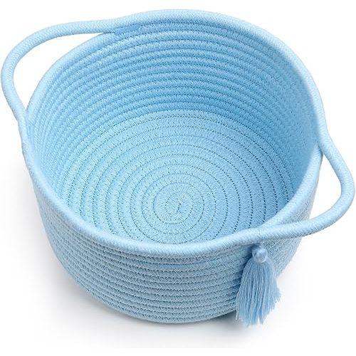 Small Gift Basket Empty – SweetMemo Small Woven Rope Baskets for Teen Girl Gifting, Baby Shower, Desk, Makeup, Bathroom, Vanity– Little Decorative Bin with Gift Bag & Ribbon – Light Blue