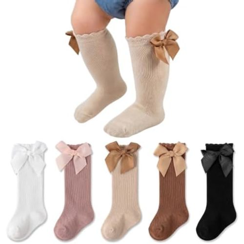 Baby Girl Knee High Socks with Bows Soft Cotton Ruffle Long Stockings Smooth Sole Infant Toddler Uniform