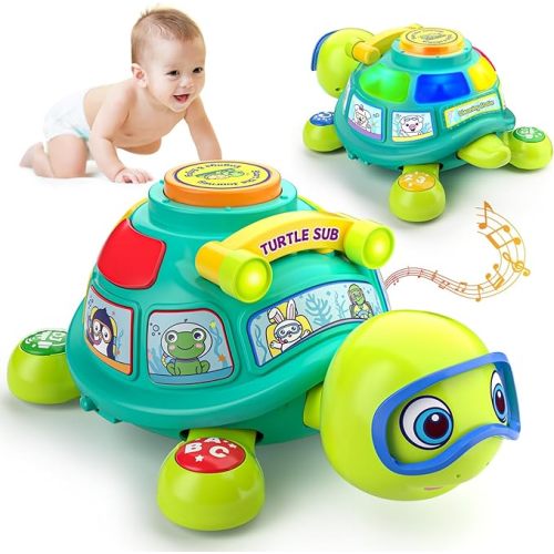Musical Turtle Baby Toys 6-12 Months, Bilingual Educational Crawling Toys 7 8 9 10 Months, Light up Infants Tummy Toy with Sound, Number, Letters, Gifts Present for Baby 4 5 6 12 Month