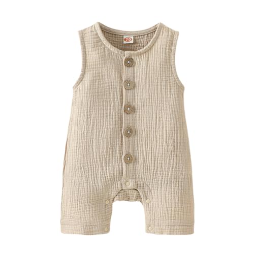 Baby Unisex One-Piece Breathable Romper with Buttons, Newborn Baby Boys Girls Sleeveless Cotton Jumpsuit with Snaps