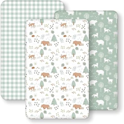Baby Bassinet Sheets 33"x20", Bedside Sleeper Bassinet Fitted Sheets Compatible with Dream On Me, Baby Delight and Most Rectangle Bassinet Mattress, Soft Microfiber 3 Pack Green Forest Bear